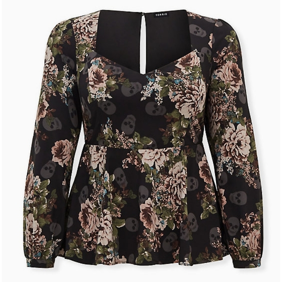 TORRID - BLACK SKULL FLORAL SWEETHEART PEPLUM TOP - Picture 2 of 6
